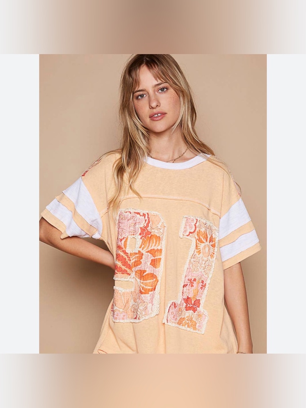 POL Peach Floral Appliqué Jersey with White Stripe Sleeves